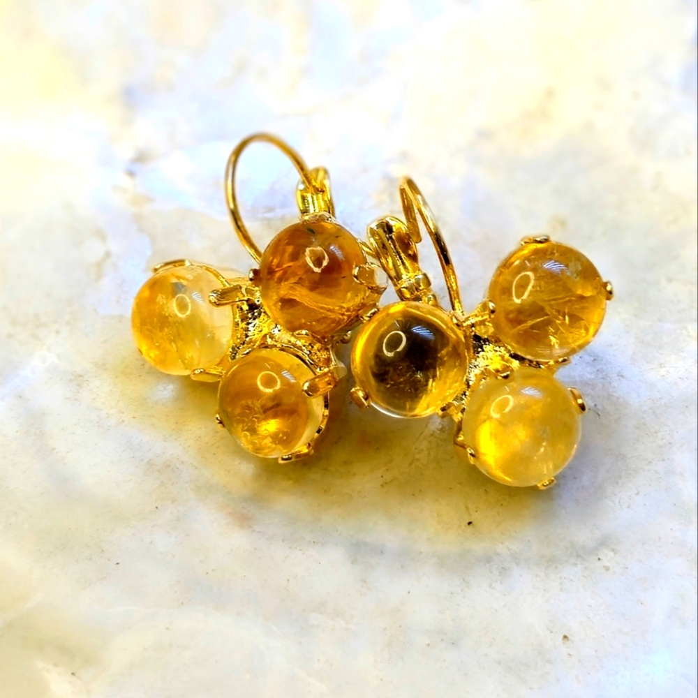 Genuine Citrine 10.2 Total Carat Wt In Three Stone Setting Gold Plated Earrings